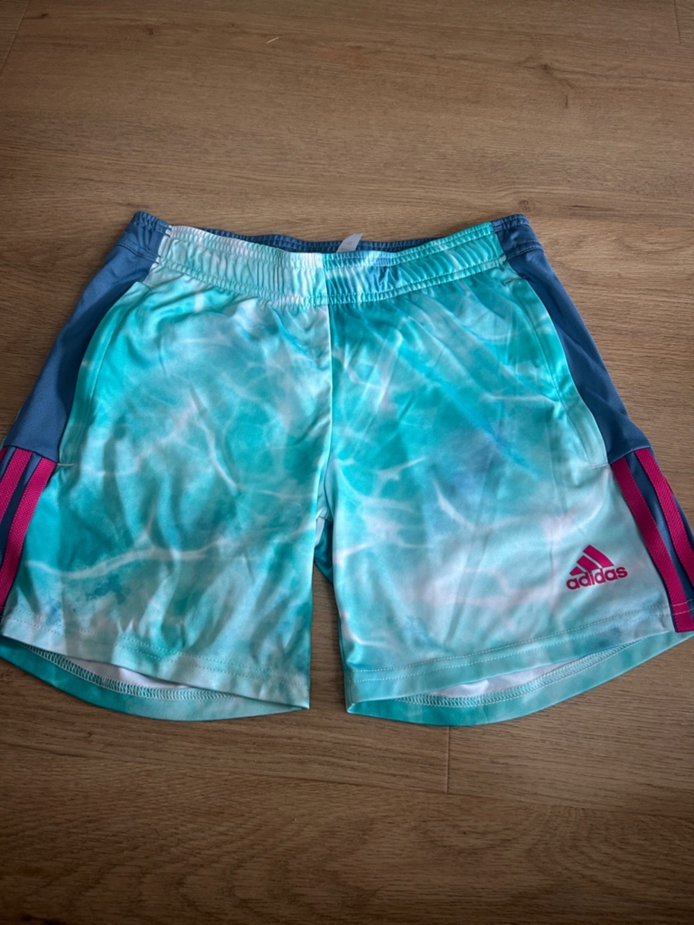 adidas Teal and Navy Girls' Tie-Dye Athletic Shorts with Pink Logo